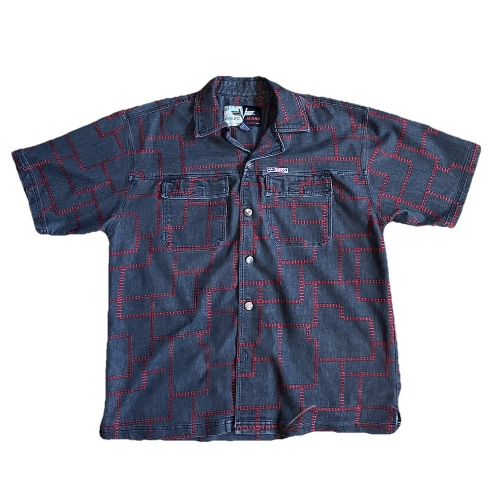 Veezo Wear Mens Denim Patchwork Style Shirt Black  w Red Stitching MenSize Large